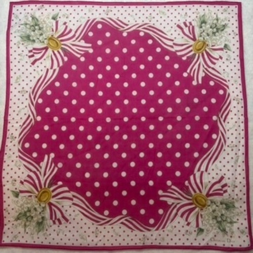 Vtg CHRISTIAN DIOR Scarf Handkerchief Polka Dot Floral Cotton Magenta Pink 19